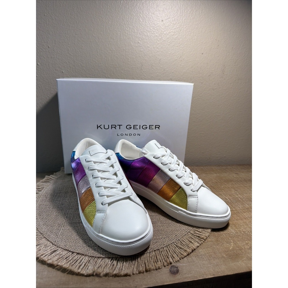 NIB- KURT GEIGER LANE METALLIC RAINBOW STRIPE LACE UP SNEAKER SIZE 8.5